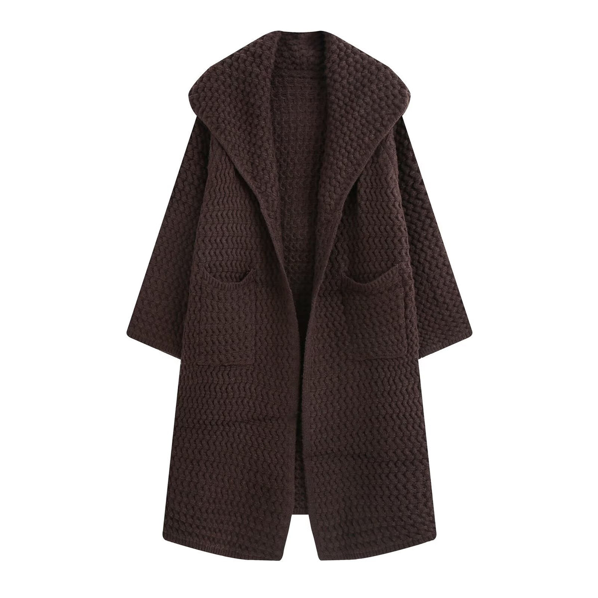 Thickened Knitted Open Front Large Lapel Longline Knit Coat for Women