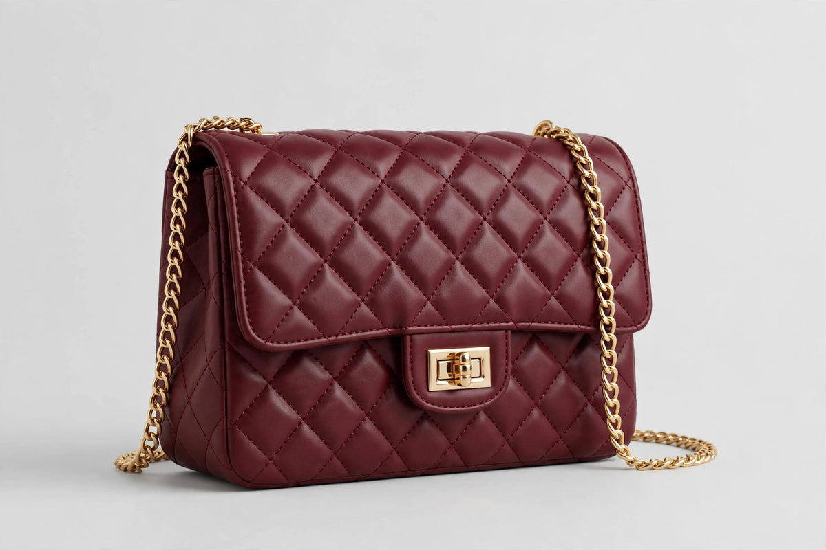 Burgundy quilted chain-strap handbag
