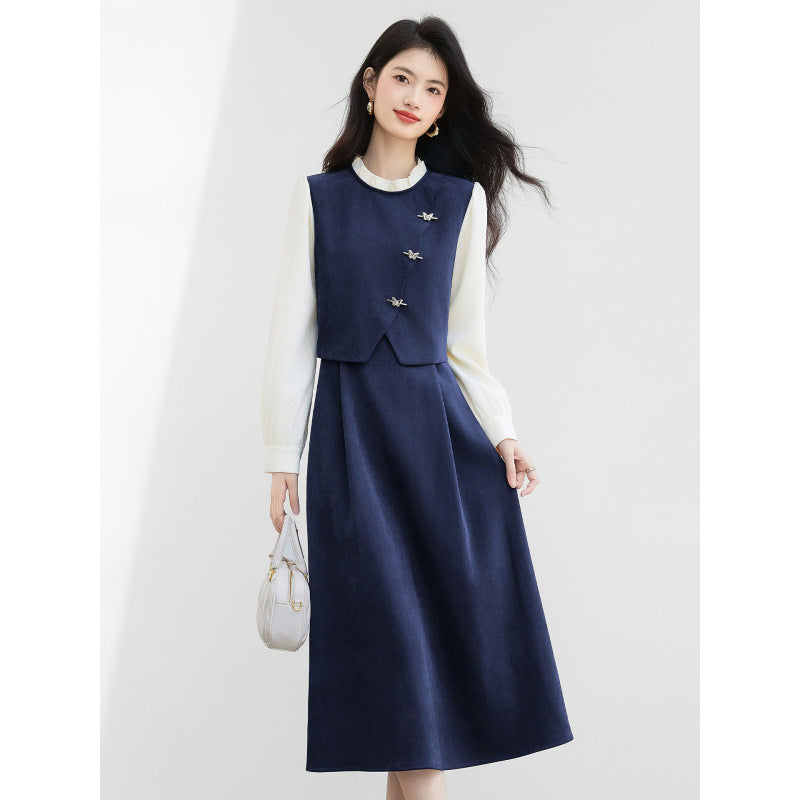 French-style Mock Two-Piece Dress for Women, Office Wear with Lace Detailing, Elegant Long Sleeve Midi Dress