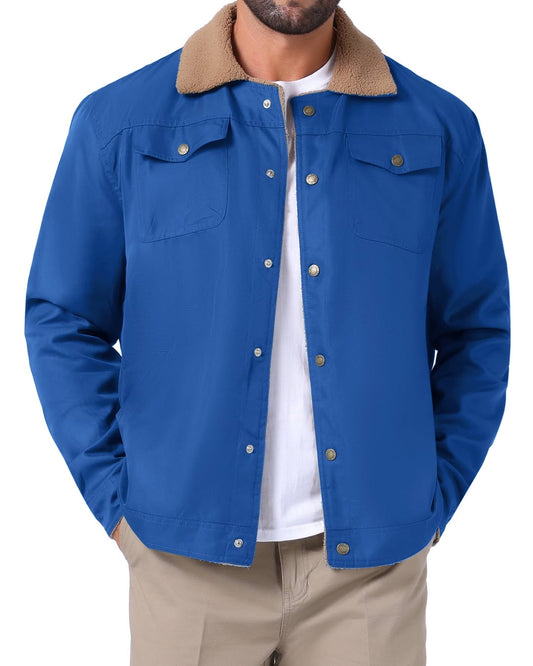 Men Blue Denim Winter Trucker Jacket with Faux Fur Collar
