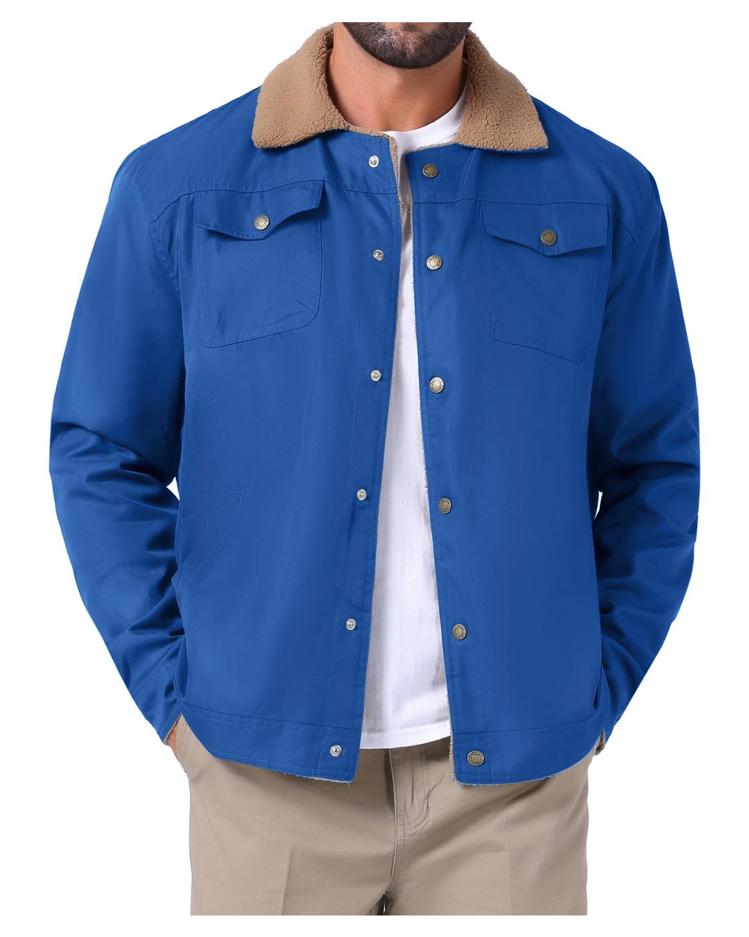 Men Blue Denim Winter Trucker Jacket with Faux Fur Collar