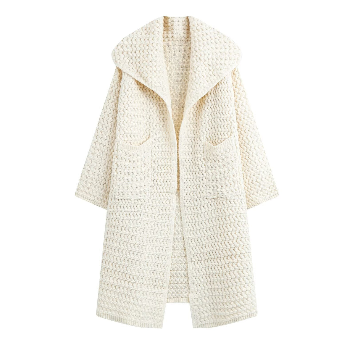 Thickened Knitted Open Front Large Lapel Longline Knit Coat for Women