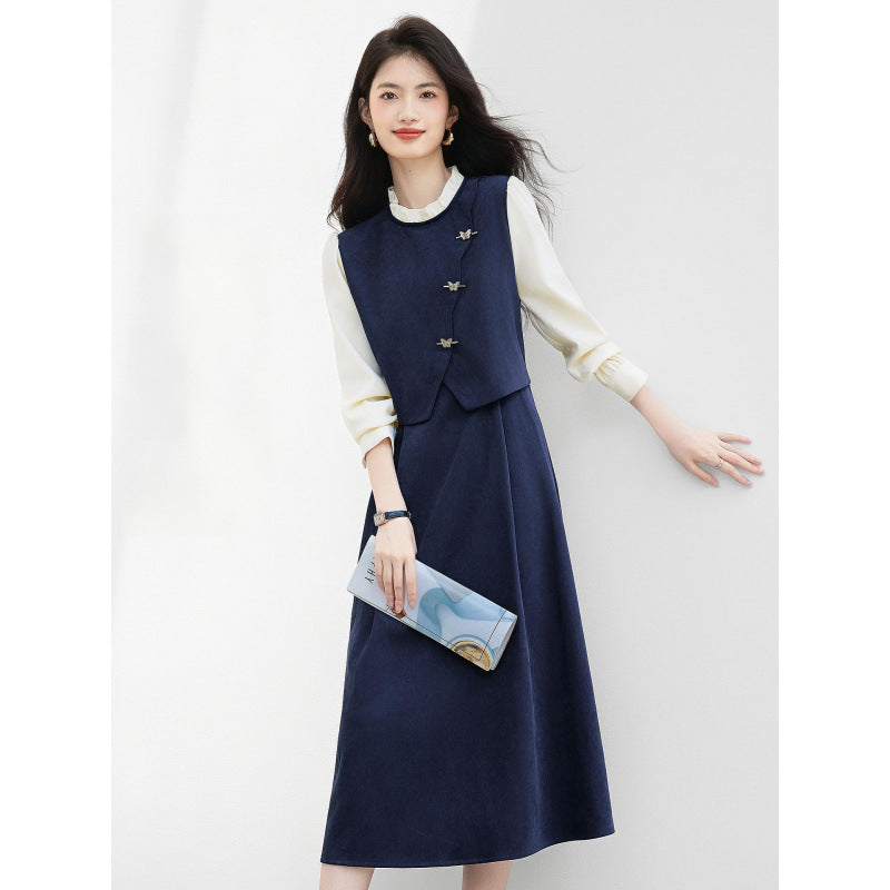 French-style Mock Two-Piece Dress for Women, Office Wear with Lace Detailing, Elegant Long Sleeve Midi Dress