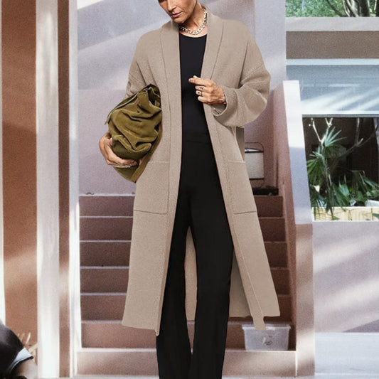 Fashionable Long Knit Cardigan for Women, Solid Color Casual Pocket Open Front Coat Plus Size Outerwear