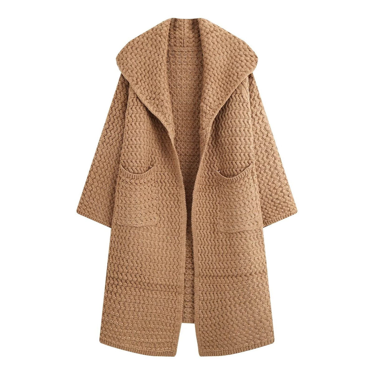 Thickened Knitted Open Front Large Lapel Longline Knit Coat for Women