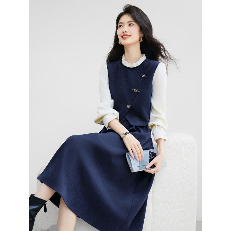 French-style Mock Two-Piece Dress for Women, Office Wear with Lace Detailing, Elegant Long Sleeve Midi Dress