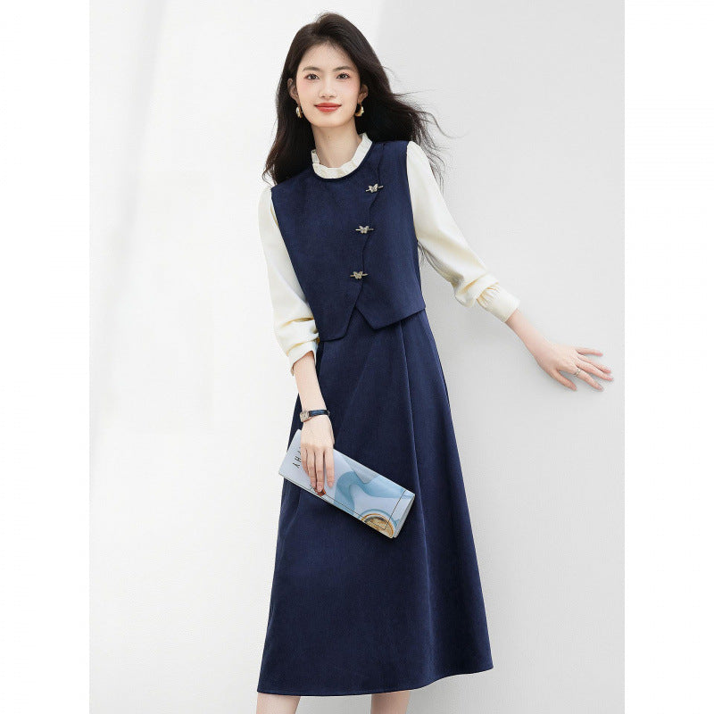 French-style Mock Two-Piece Dress for Women, Office Wear with Lace Detailing, Elegant Long Sleeve Midi Dress