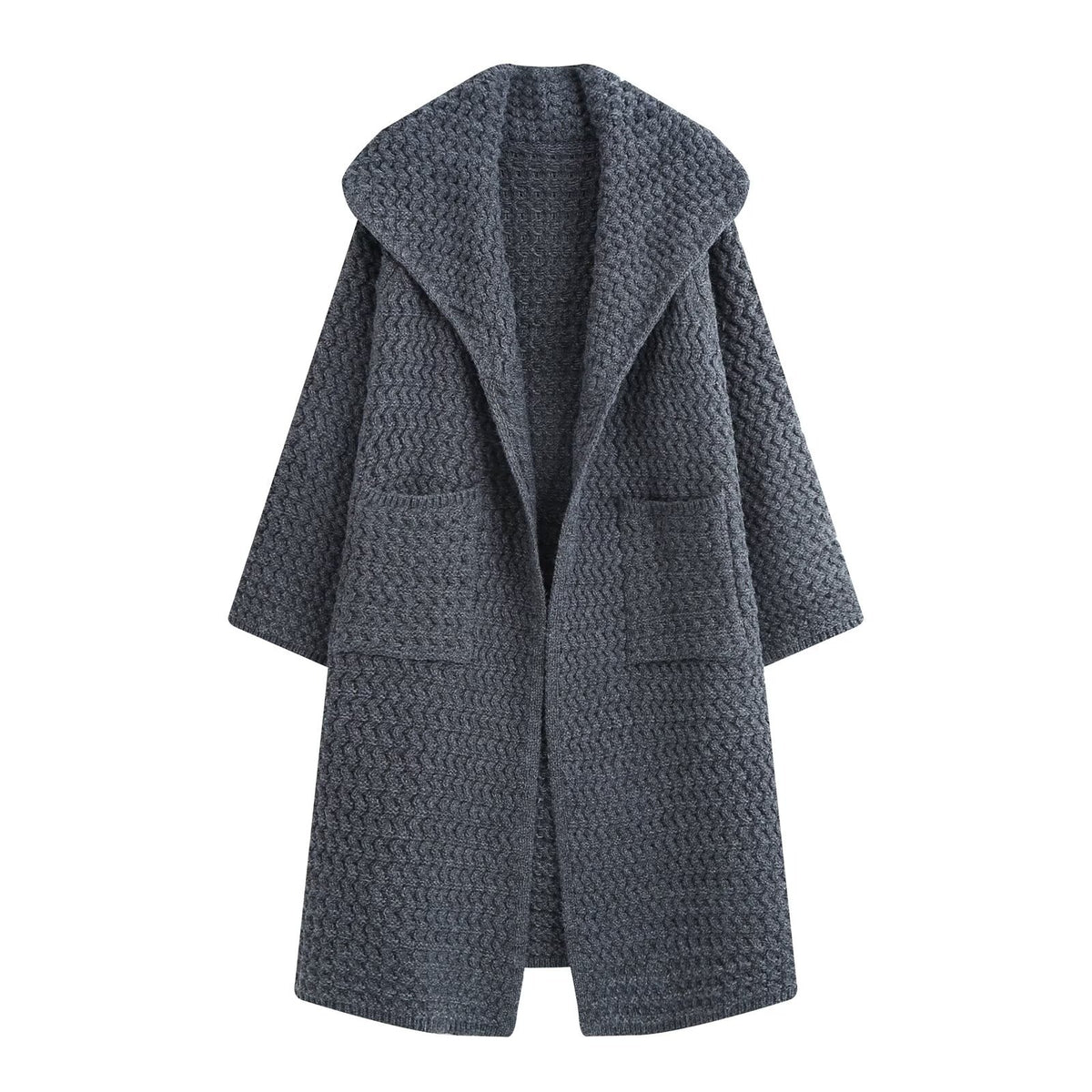Thickened Knitted Open Front Large Lapel Longline Knit Coat for Women