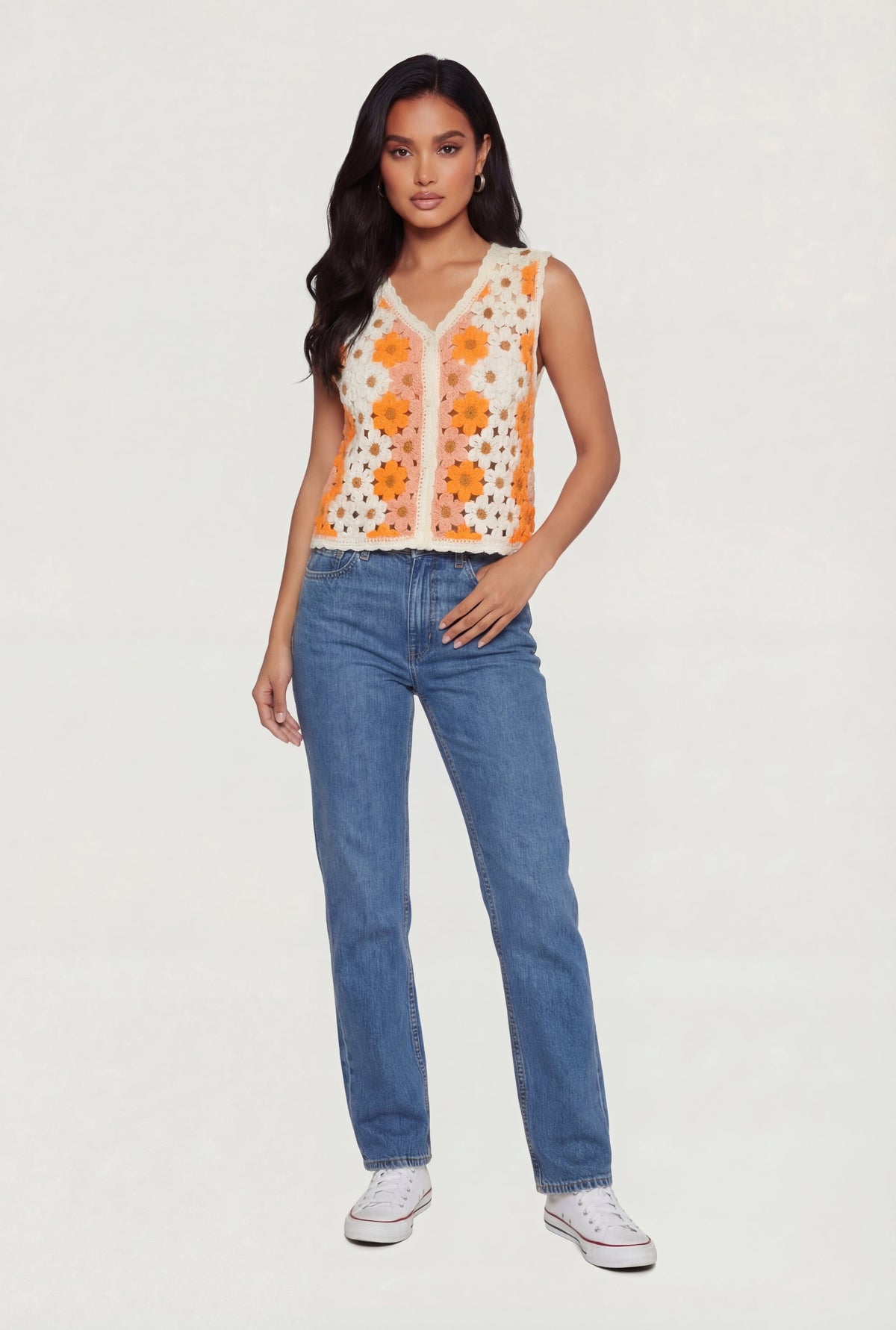 Women's Floral Crochet Button-Front Vest