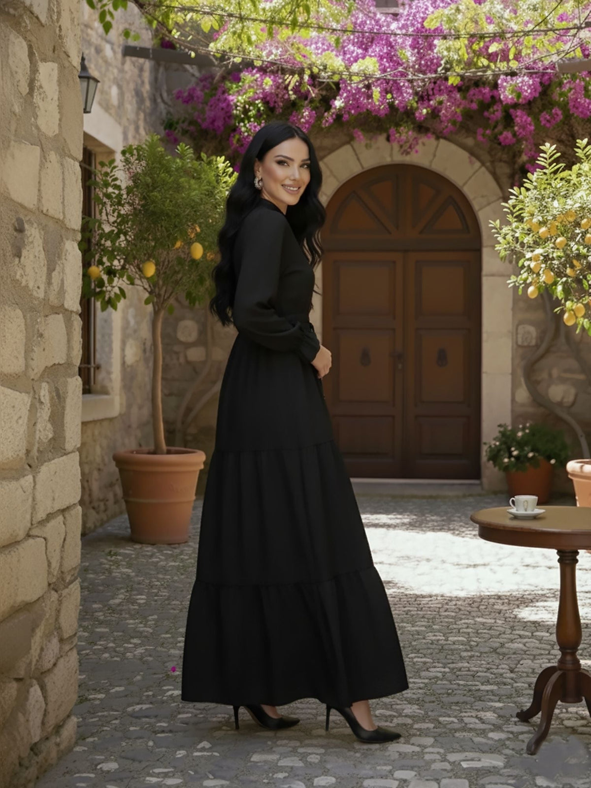 Elegant Black Tiered Maxi Dress with Balloon Sleeves