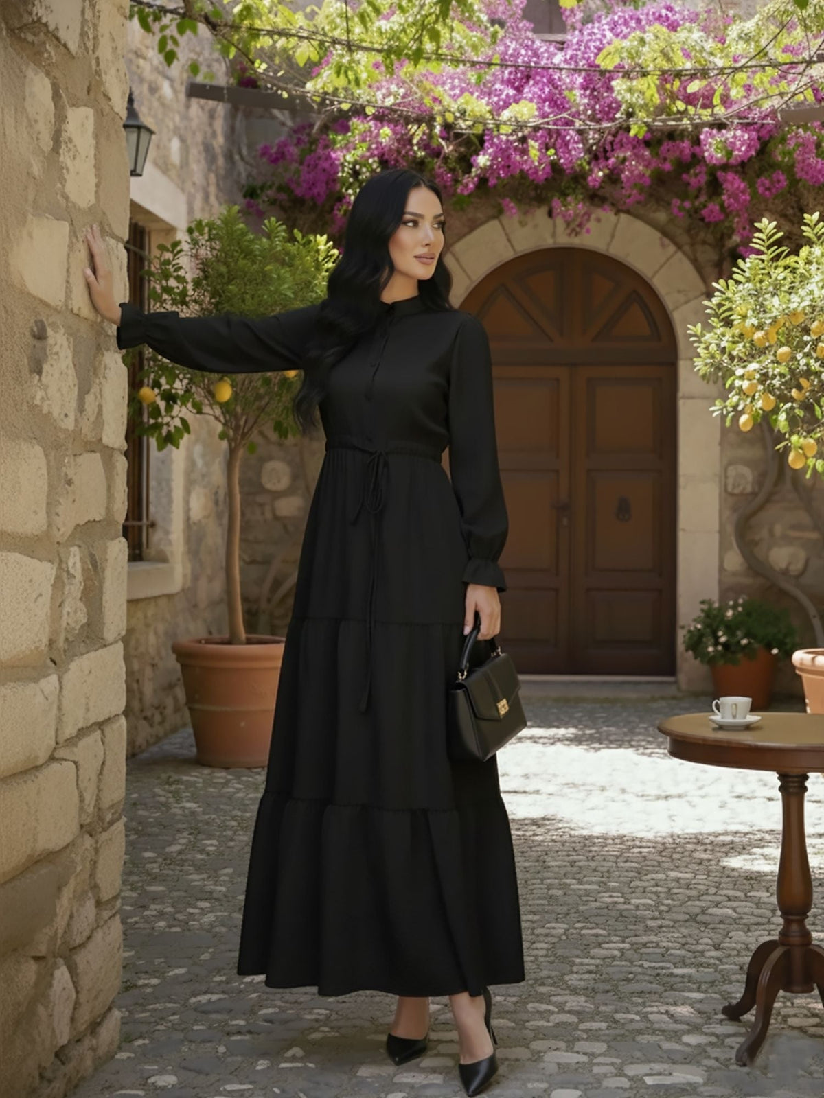 Elegant Black Tiered Maxi Dress with Balloon Sleeves