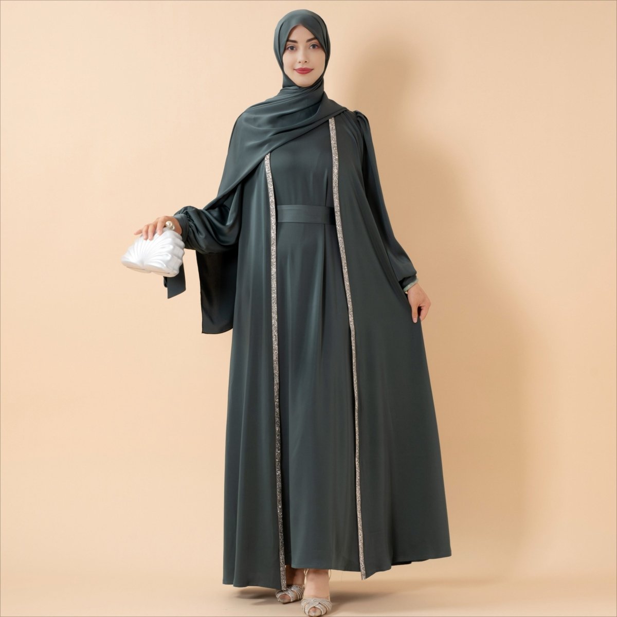 Elegant Bow Sleeve Abaya & Inner Dress Set