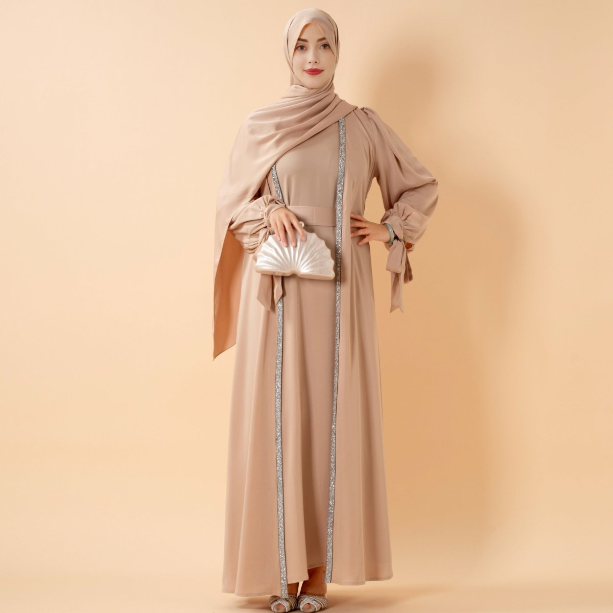 Elegant Bow Sleeve Abaya & Inner Dress Set