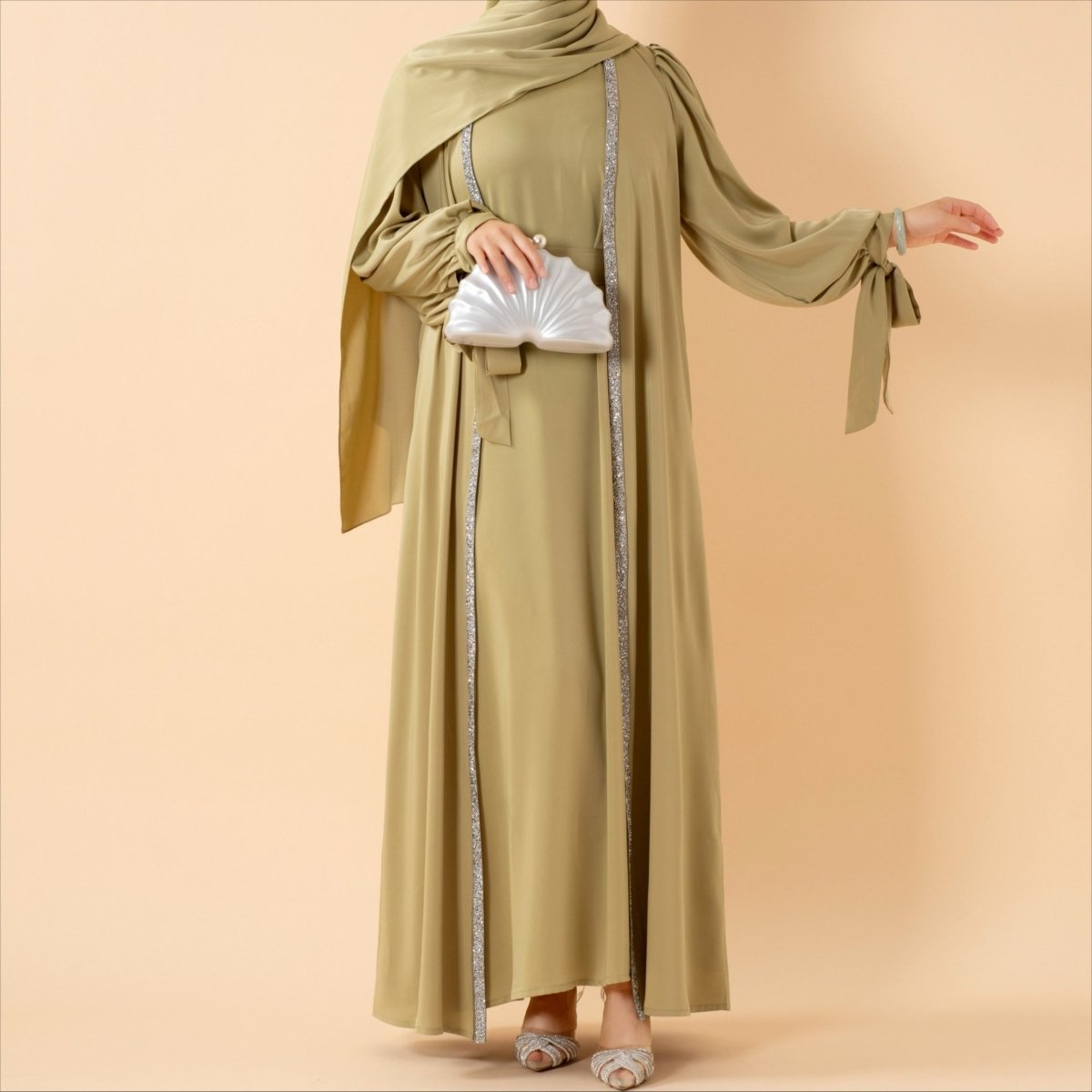 Elegant Bow Sleeve Abaya & Inner Dress Set