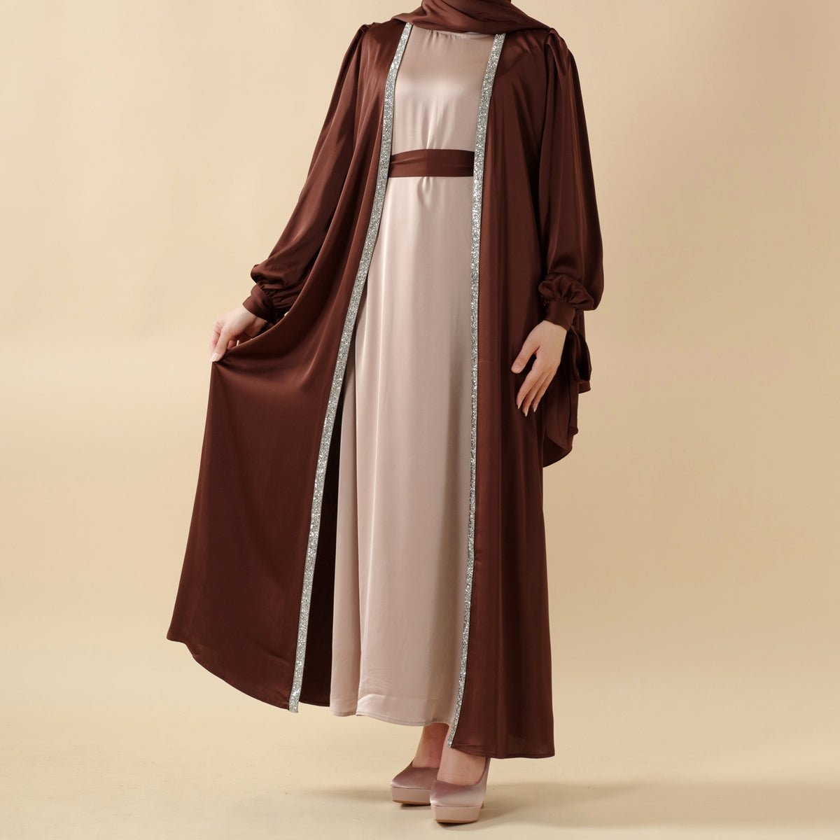 Elegant Bow Sleeve Abaya & Inner Dress Set