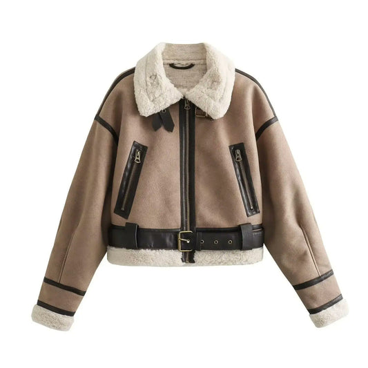 Women's Cream Faux Fur Aviator Jacket with Brown Trim