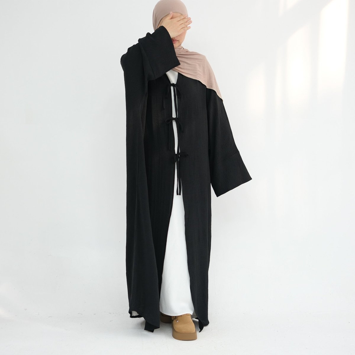 Elegant Lace-Up Open Kimono Abaya