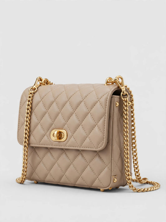 Womens quilted beige crossbody bag with chain strap