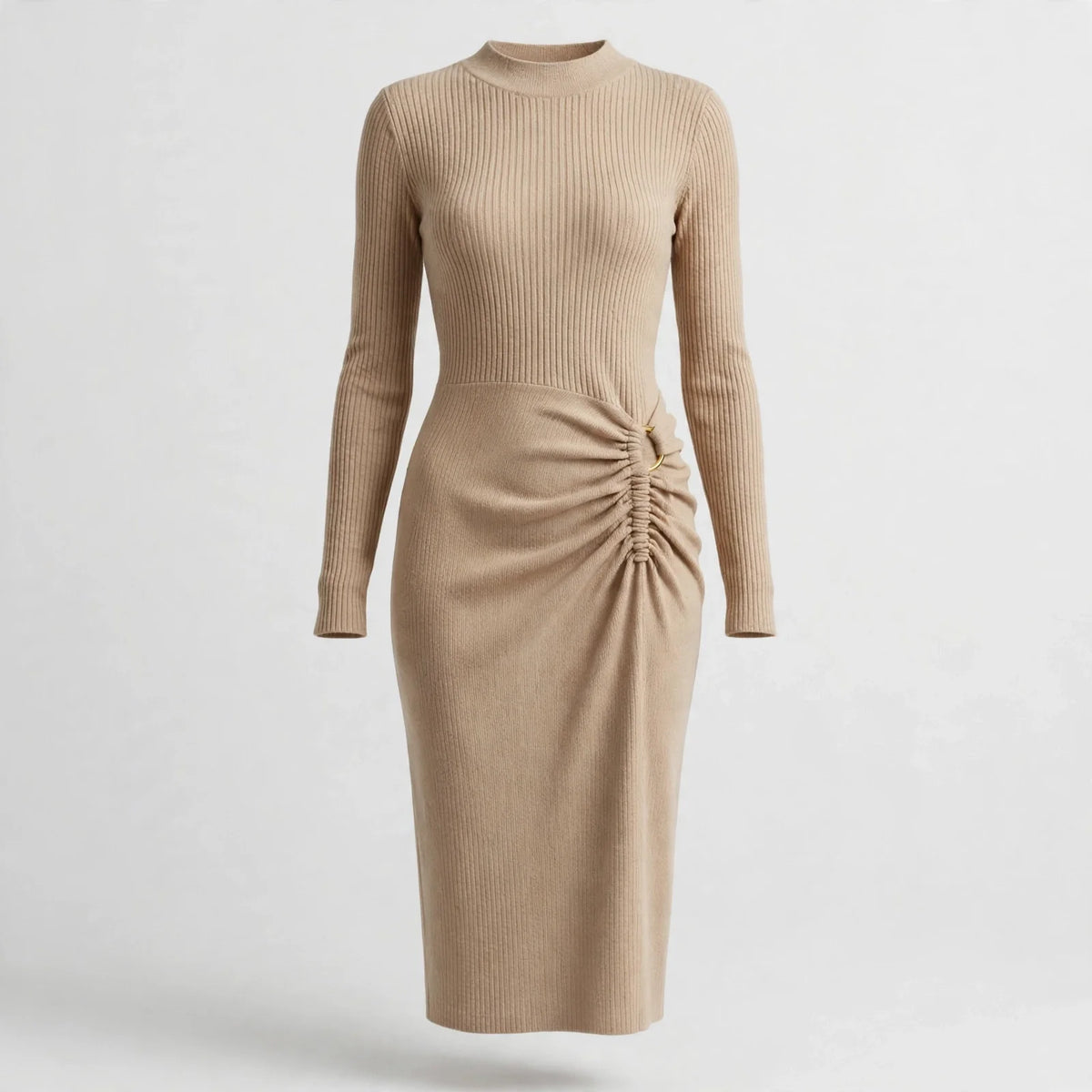 Women's Beige Ribbed Bodycon Midi Dress