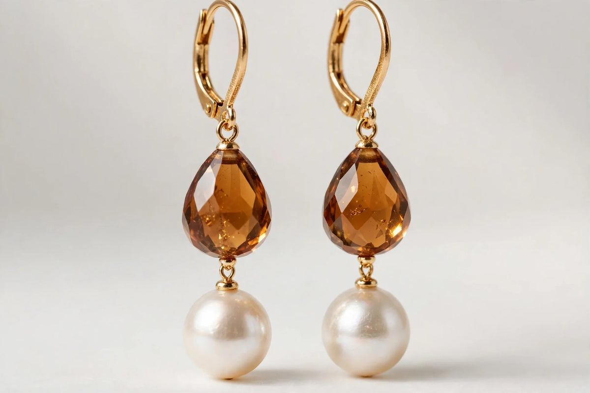 Women's Pearl Drop Earrings with Amber Stones