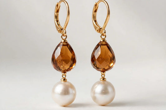 Women's Pearl Drop Earrings with Amber Stones