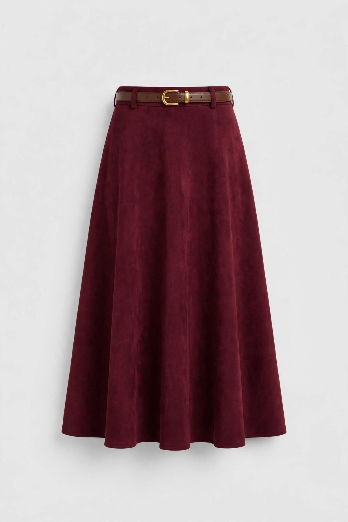 Womens Burgundy Belted Midi Skirt - Elegant Fall Skirt