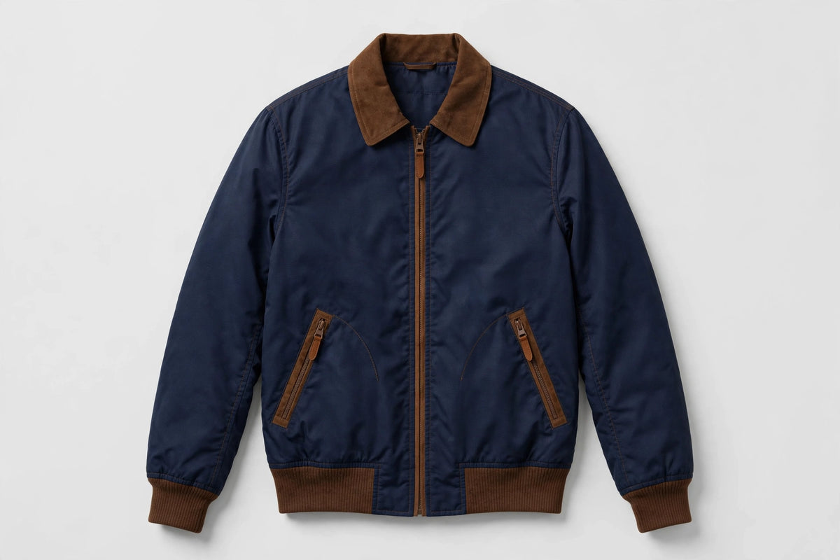 Mens Navy Bomber Jacket with Brown Suede Collar - Elegant Fall Outerwear