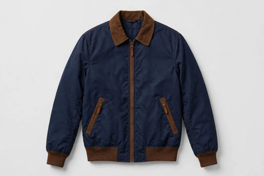 Mens Navy Bomber Jacket with Brown Suede Collar - Elegant Fall Outerwear