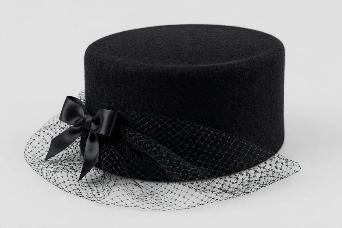 Black wool pillbox hat with veil