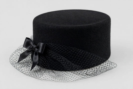 Black wool pillbox hat with veil